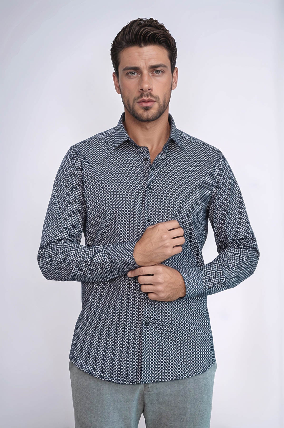 Navy Blue Tiny Check Patterned Slim Fit Shirt - Wessi
