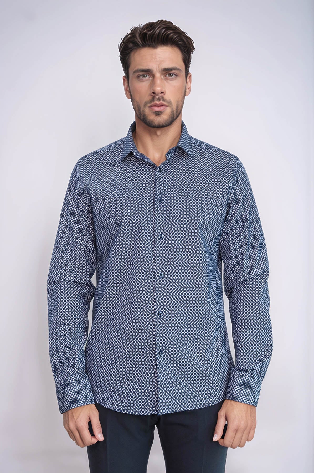 Tiny Check Patterned Slim Fit Blue Men Shirt - Wessi