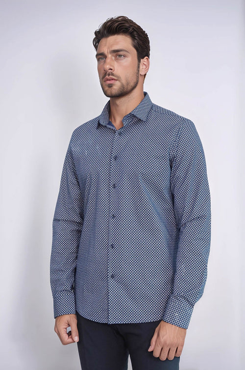 Tiny Check Patterned Slim Fit Blue Men Shirt - Wessi