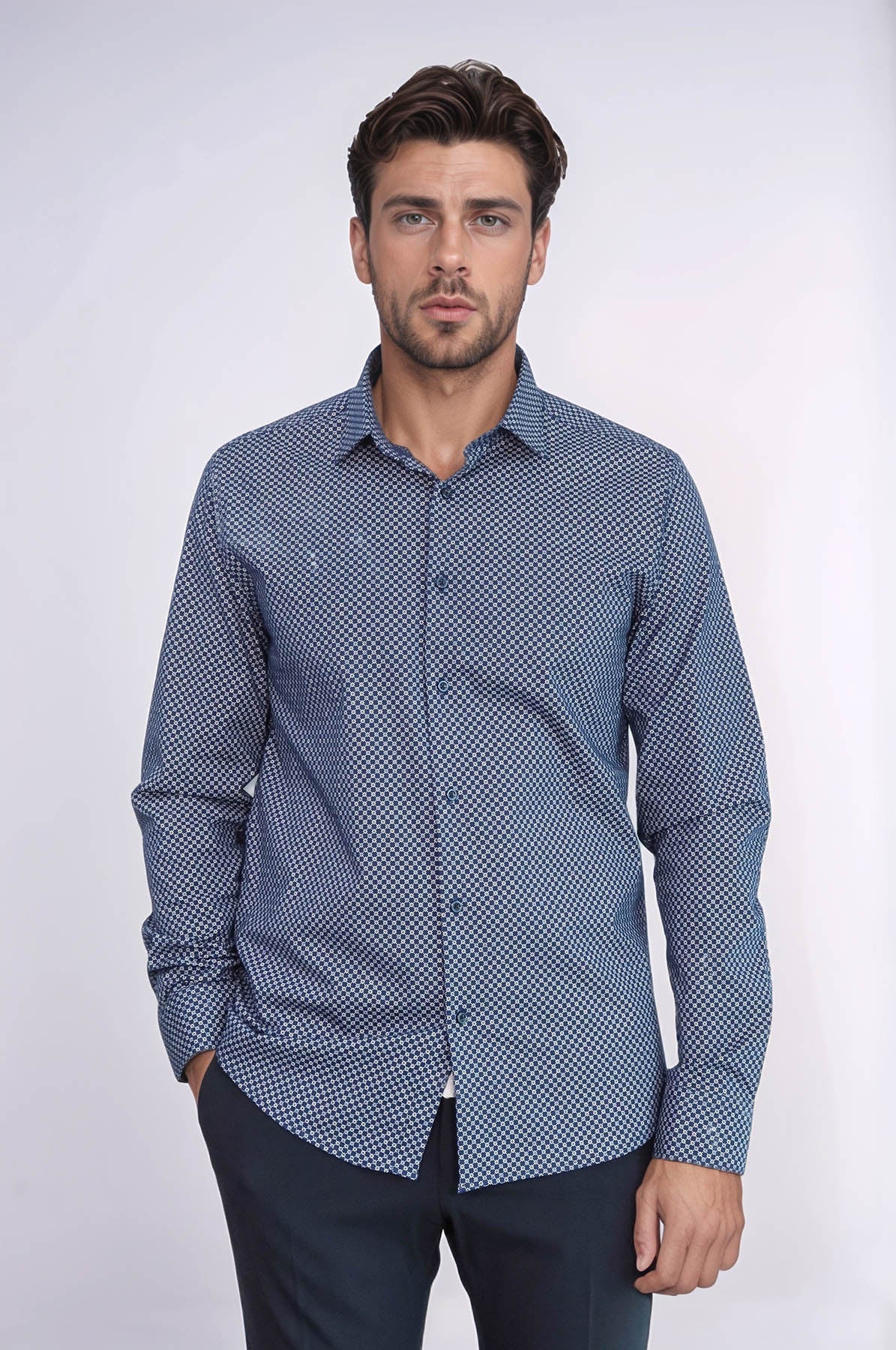 Tiny Check Patterned Slim Fit Blue Men Shirt - Wessi