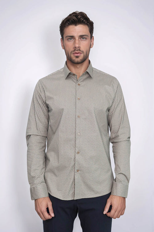 Tiny Check Patterned Slim Fit Light Brown Men Shirt - Wessi