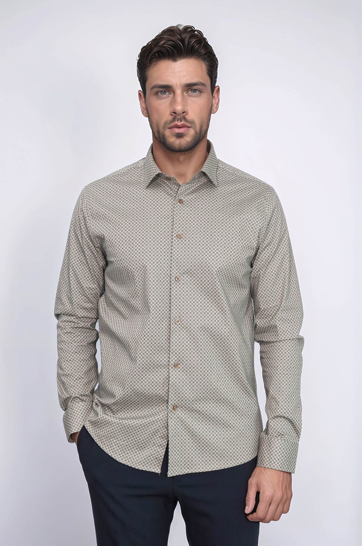 Tiny Check Patterned Slim Fit Light Brown Men Shirt - Wessi
