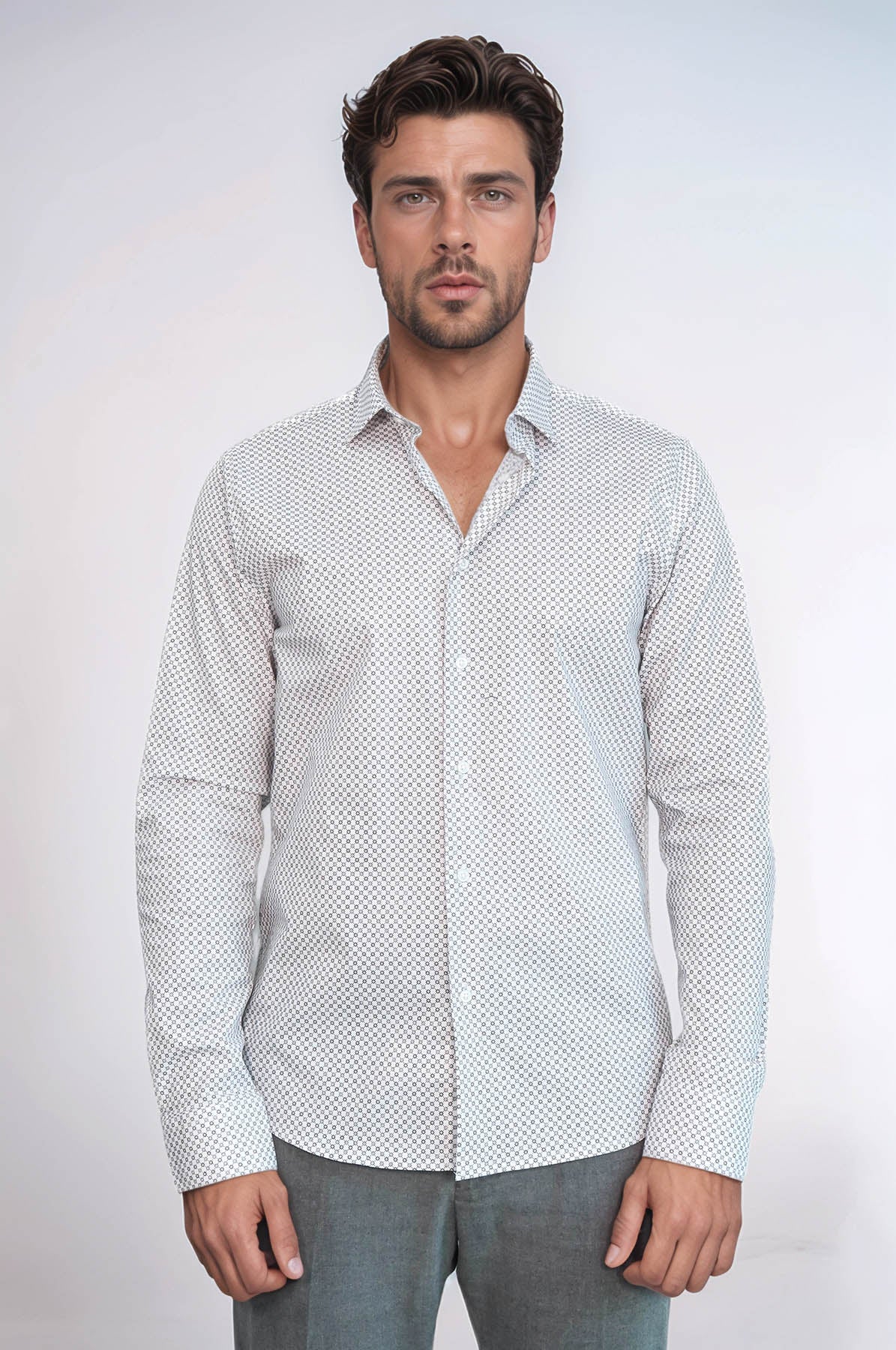 White Tiny Check Patterned Slim Fit Shirt - Wessi