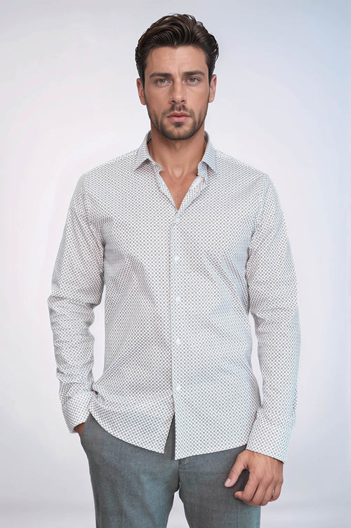White Tiny Check Patterned Slim Fit Shirt - Wessi