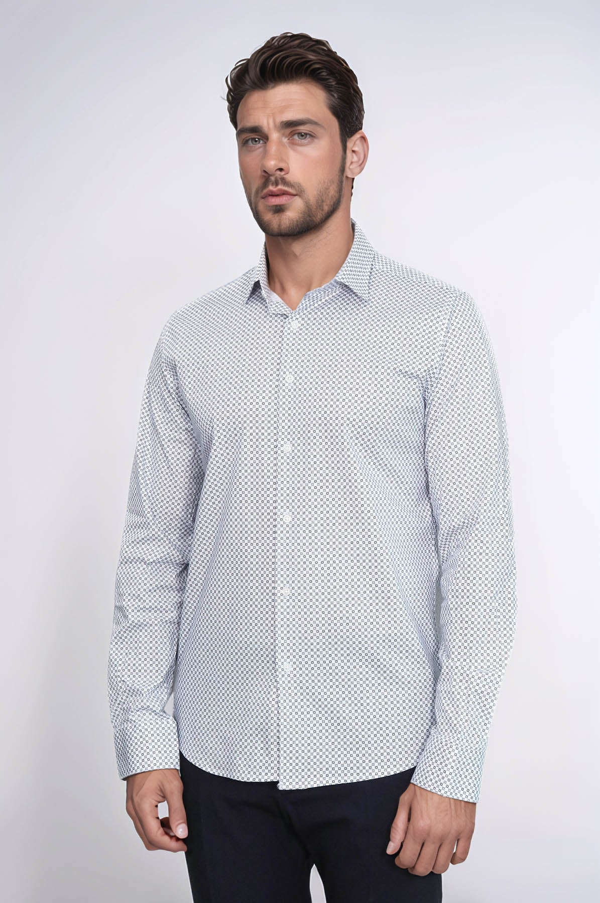 White Tiny Check Patterned Slim Fit Shirt - Wessi