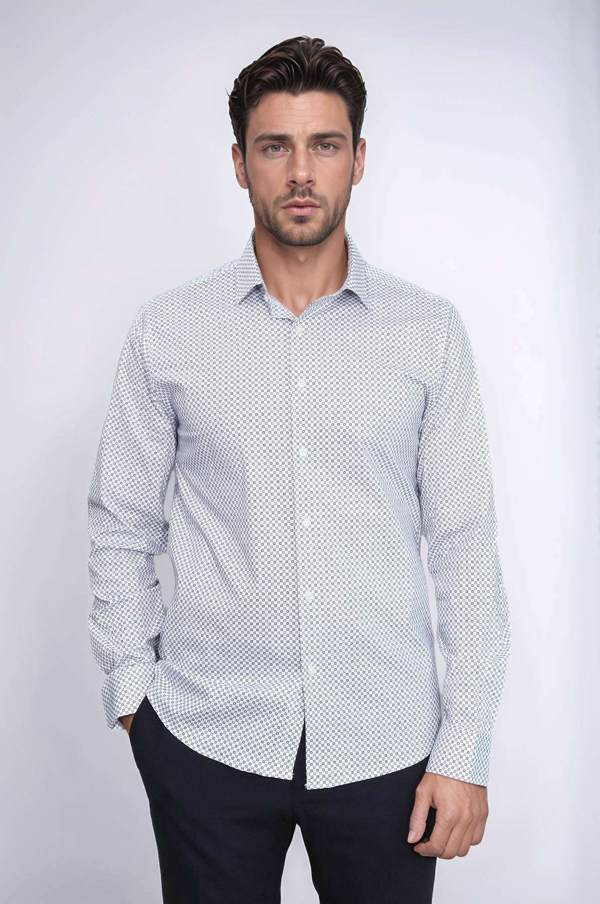 White Tiny Check Patterned Slim Fit Shirt - Wessi