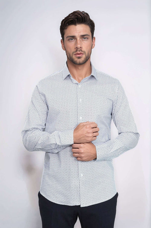 White Tiny Check Patterned Slim Fit Shirt - Wessi
