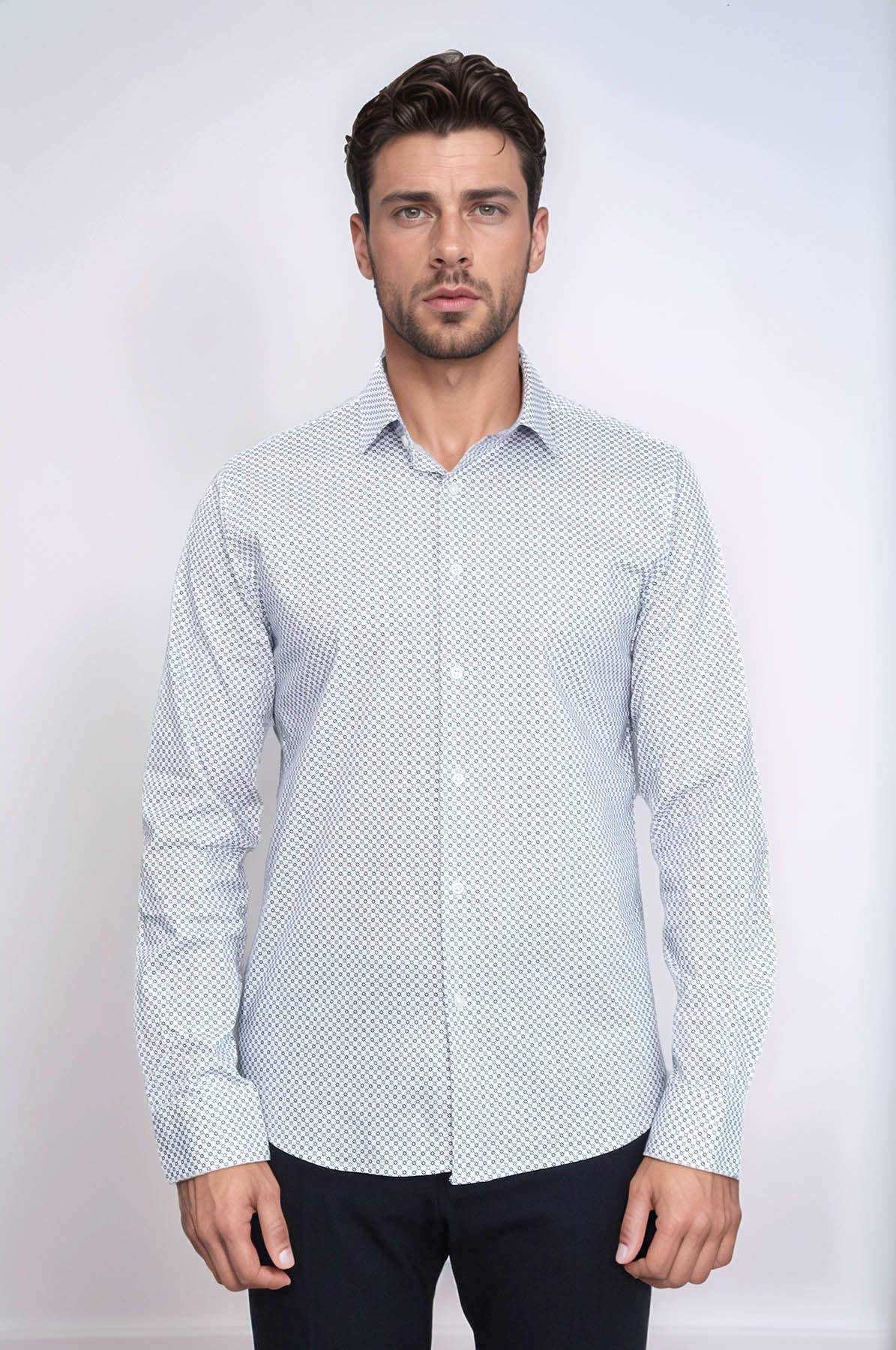 White Tiny Check Patterned Slim Fit Shirt - Wessi