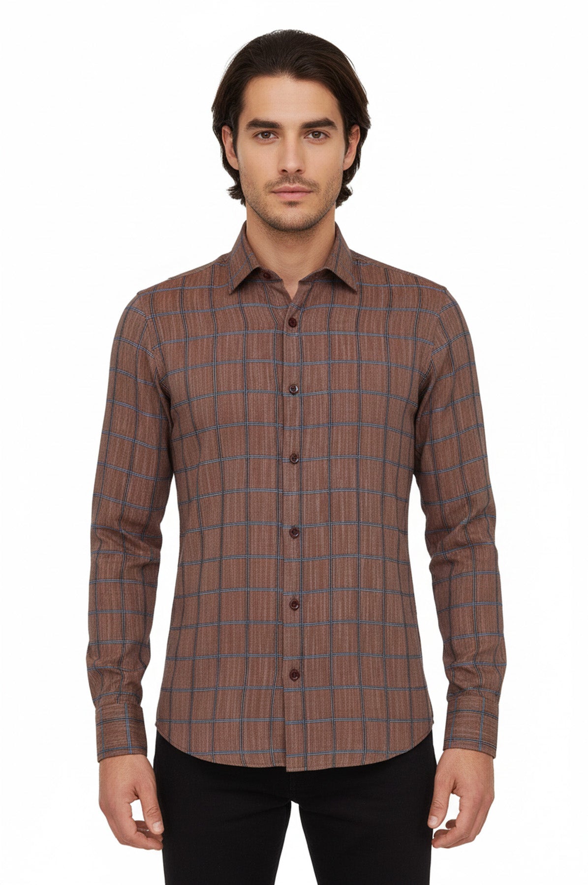 Plaid Slim Fit Brown Men Shirt - Wessi