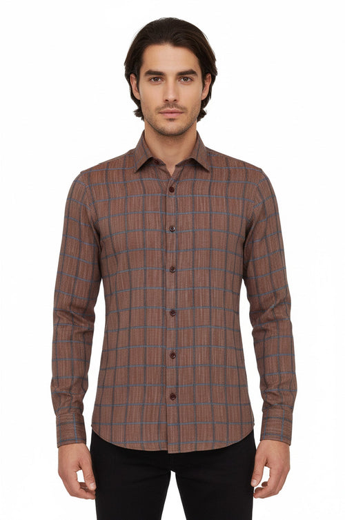 Plaid Slim Fit Brown Men Shirt - Wessi