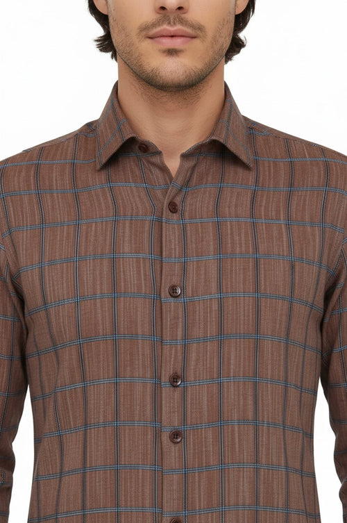 Plaid Slim Fit Brown Men Shirt - Wessi