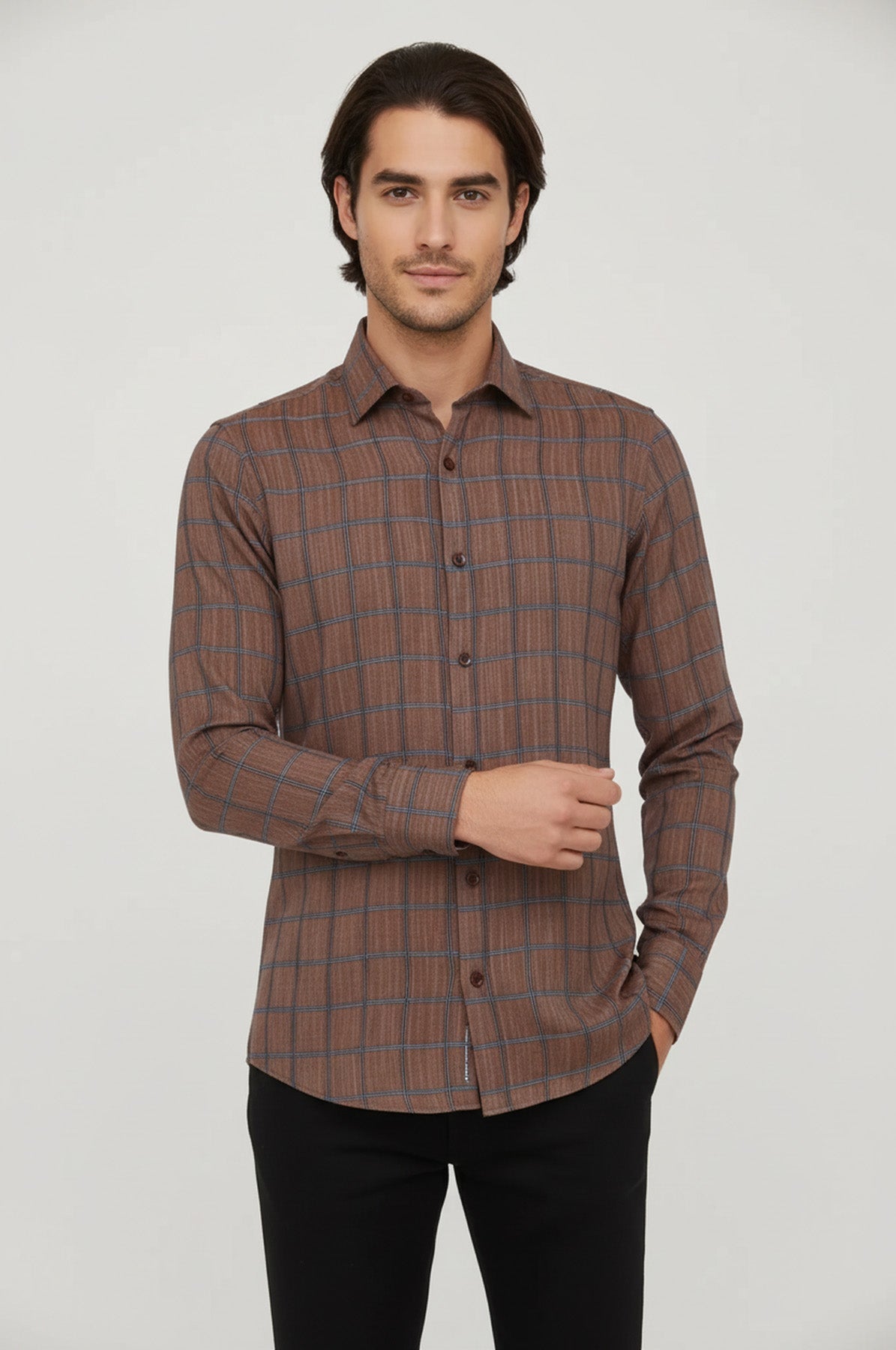 Plaid Slim Fit Brown Men Shirt - Wessi