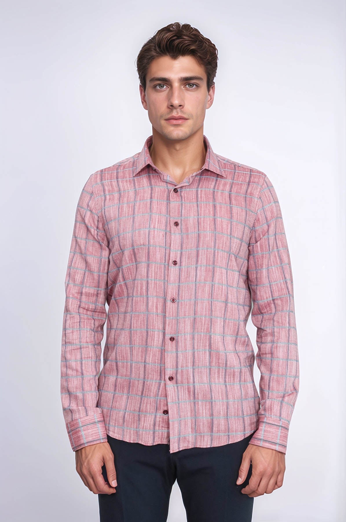 Plaid Slim Fit Burgundy Men Shirt - Wessi