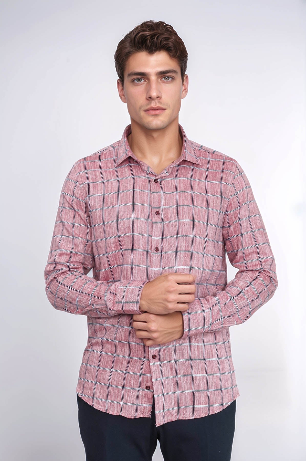 Plaid Slim Fit Burgundy Men Shirt - Wessi