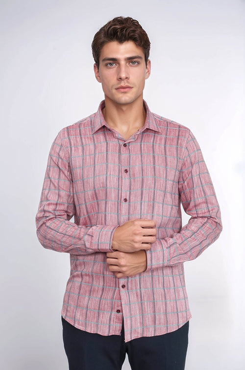 Plaid Slim Fit Burgundy Men Shirt - Wessi
