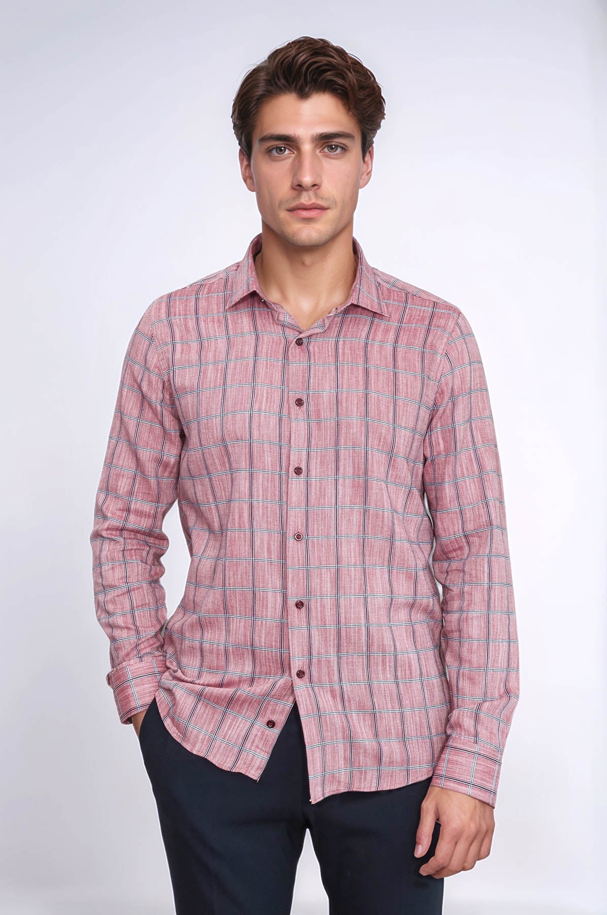 Plaid Slim Fit Burgundy Men Shirt - Wessi