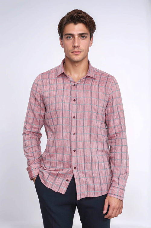 Plaid Slim Fit Burgundy Men Shirt - Wessi