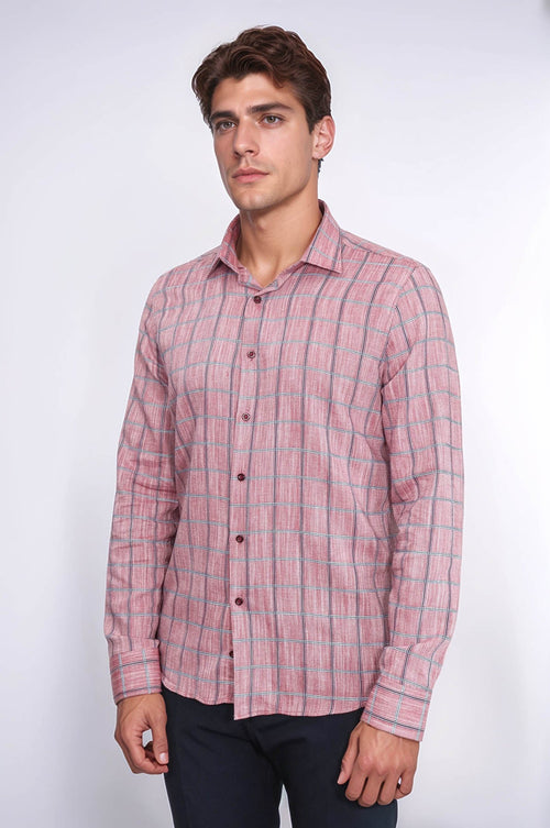 Plaid Slim Fit Burgundy Men Shirt - Wessi