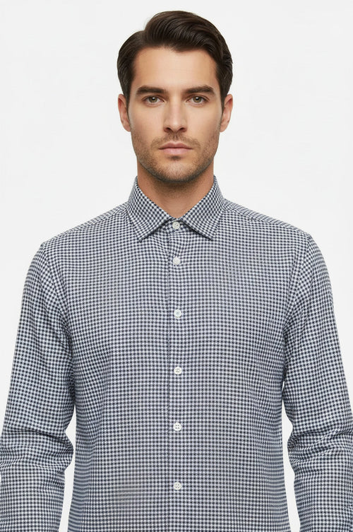 Houndstooth Pattern Navy Blue Men Shirt - Wessi