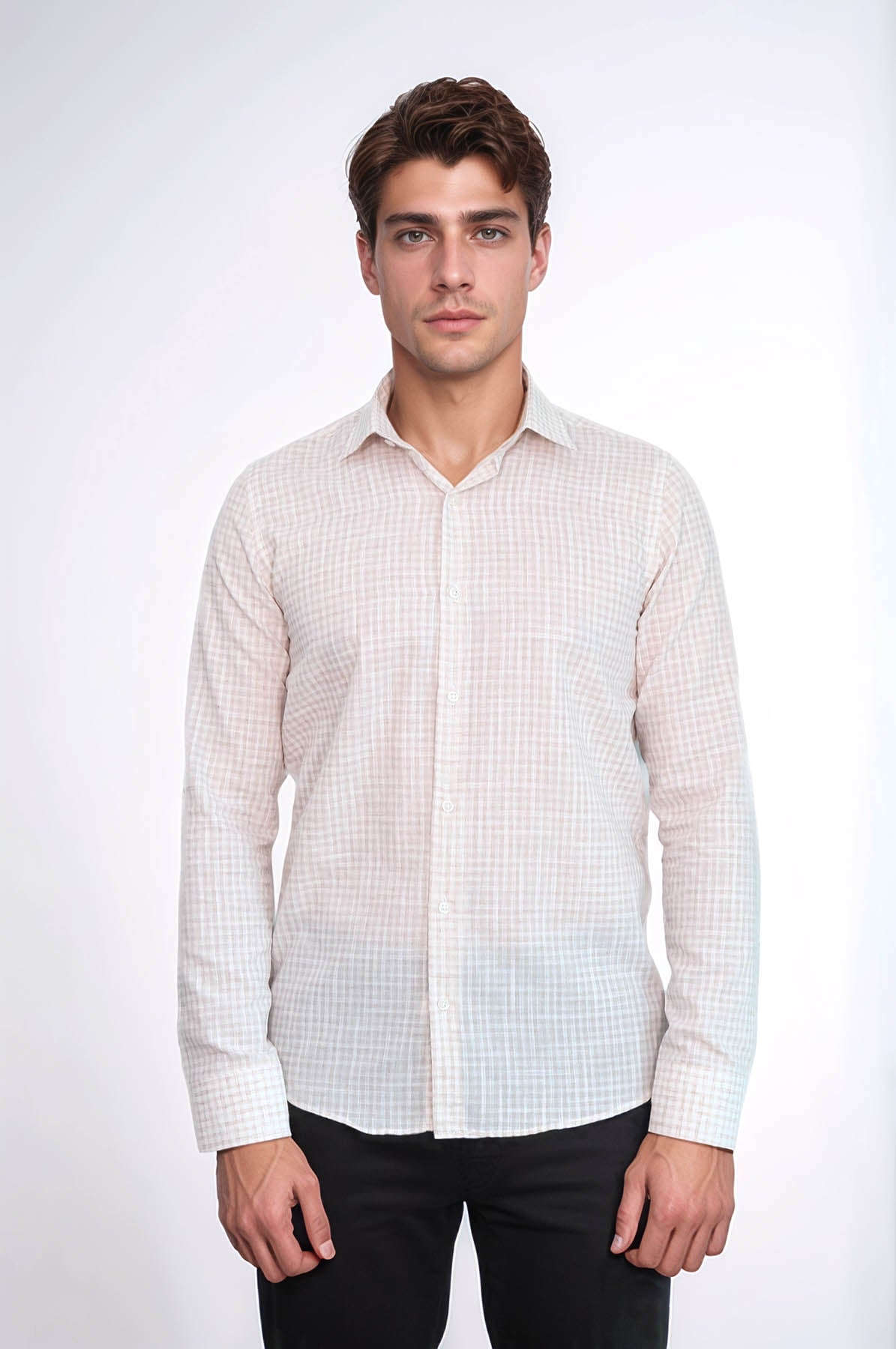 Plaid Slim Fit Light Brown Men Shirt - Wessi