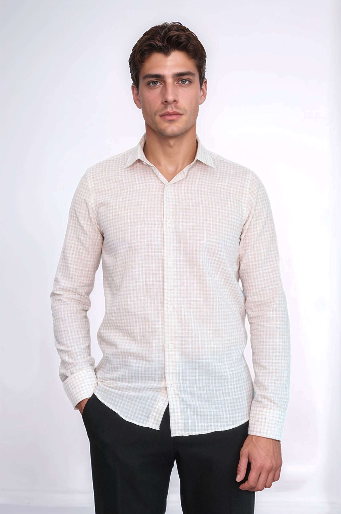 Plaid Slim Fit Light Brown Men Shirt - Wessi