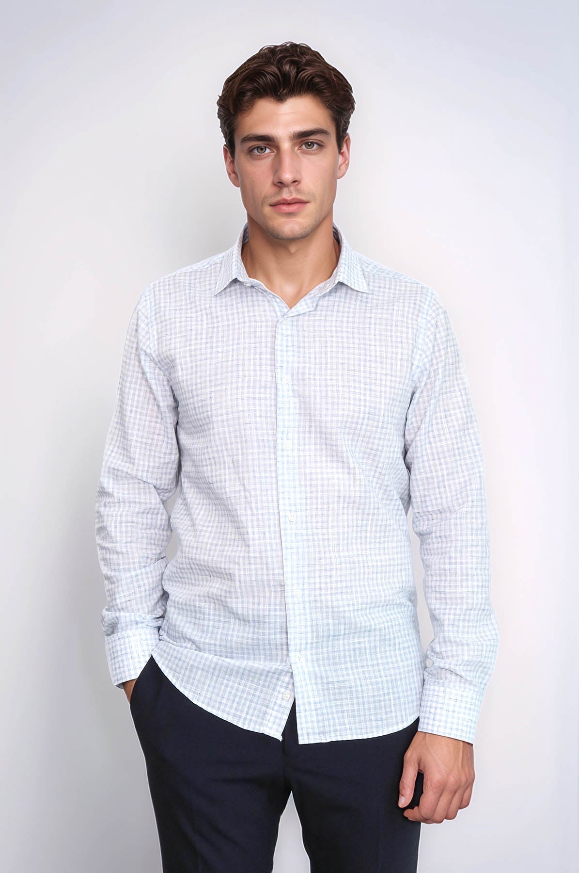 Plaid Slim Fit Sky Blue Men Shirt - Wessi
