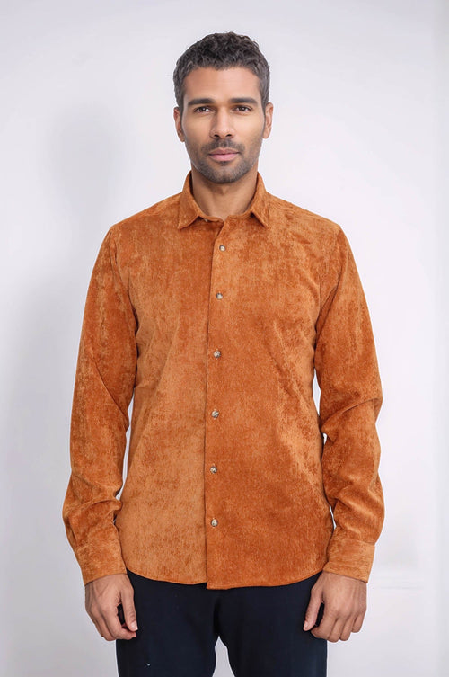 Brown Long Sleeves Velvet Men's Shirt - Wessi