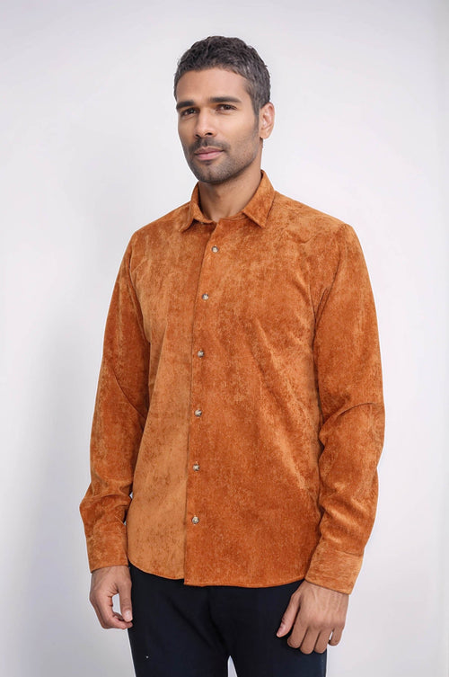Brown Long Sleeves Velvet Men's Shirt - Wessi
