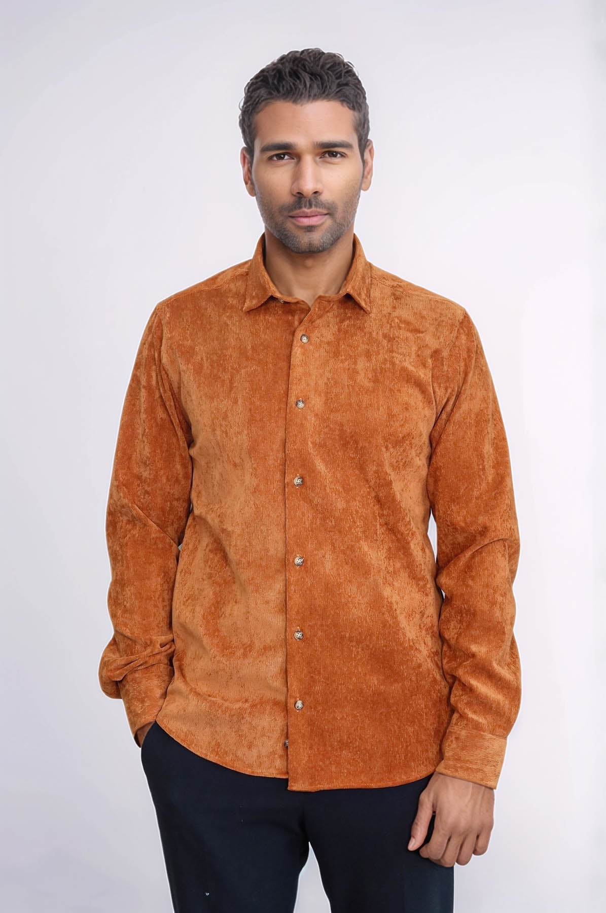Brown Long Sleeves Velvet Men's Shirt - Wessi