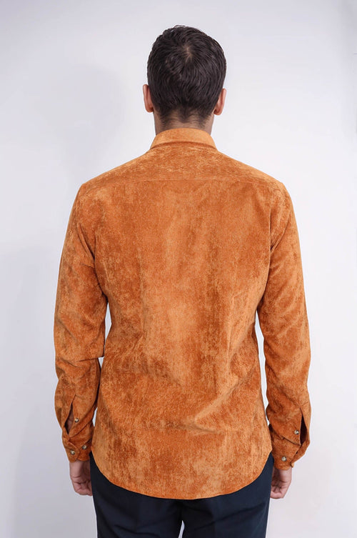 Brown Long Sleeves Velvet Men's Shirt - Wessi