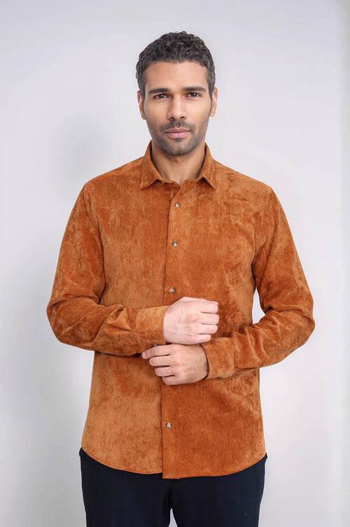 Brown Long Sleeves Velvet Men's Shirt - Wessi