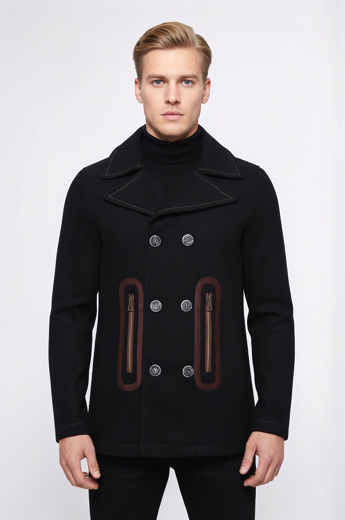 Pocket Edge Embroidered 6 Buttons Brown Coat-Wessi