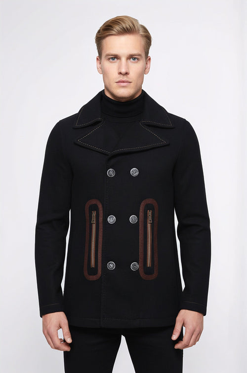 Pocket Edge Embroidered 6 Buttons Brown Coat-Wessi