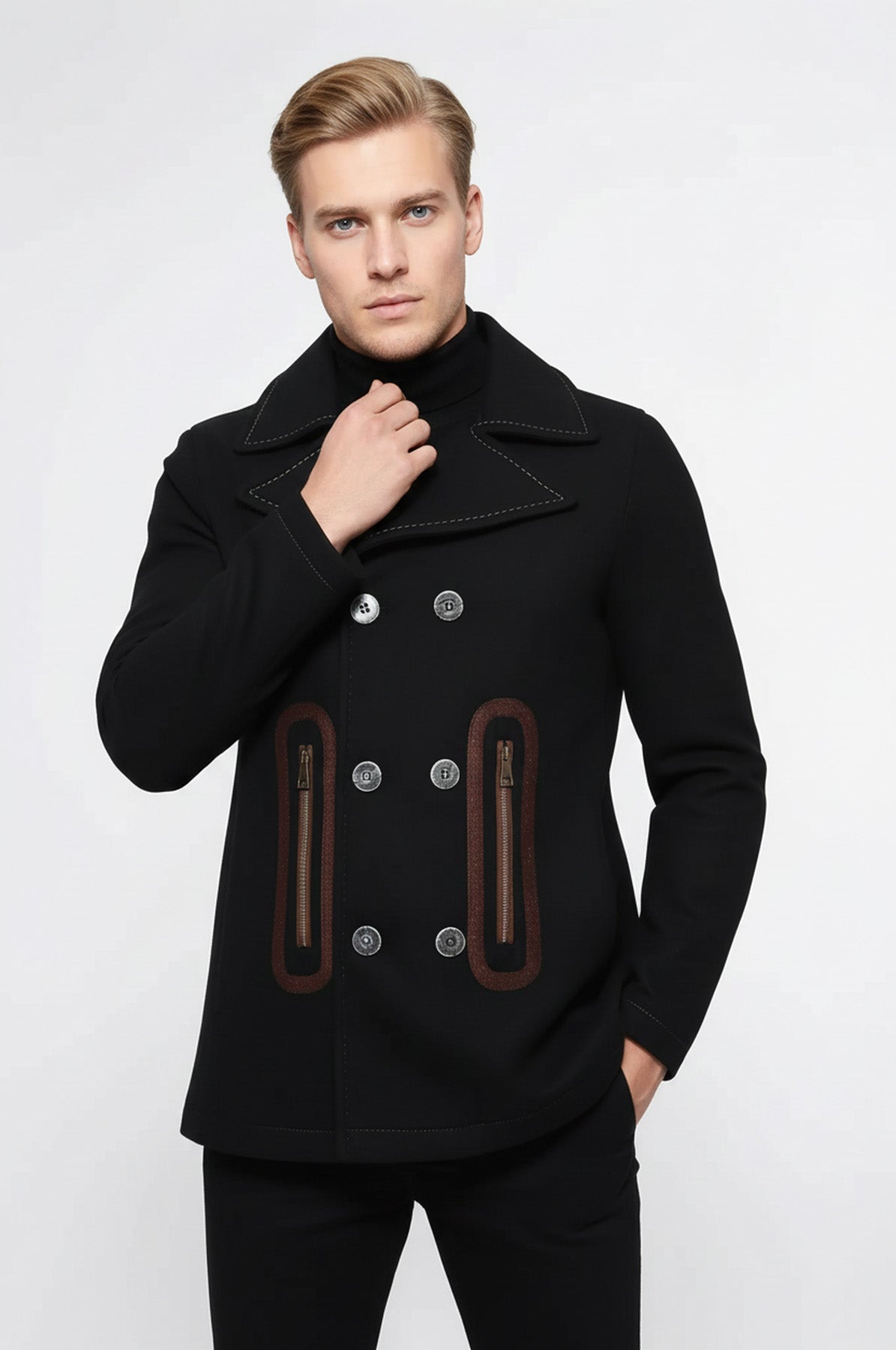 Pocket Edge Embroidered 6 Buttons Brown Coat-Wessi