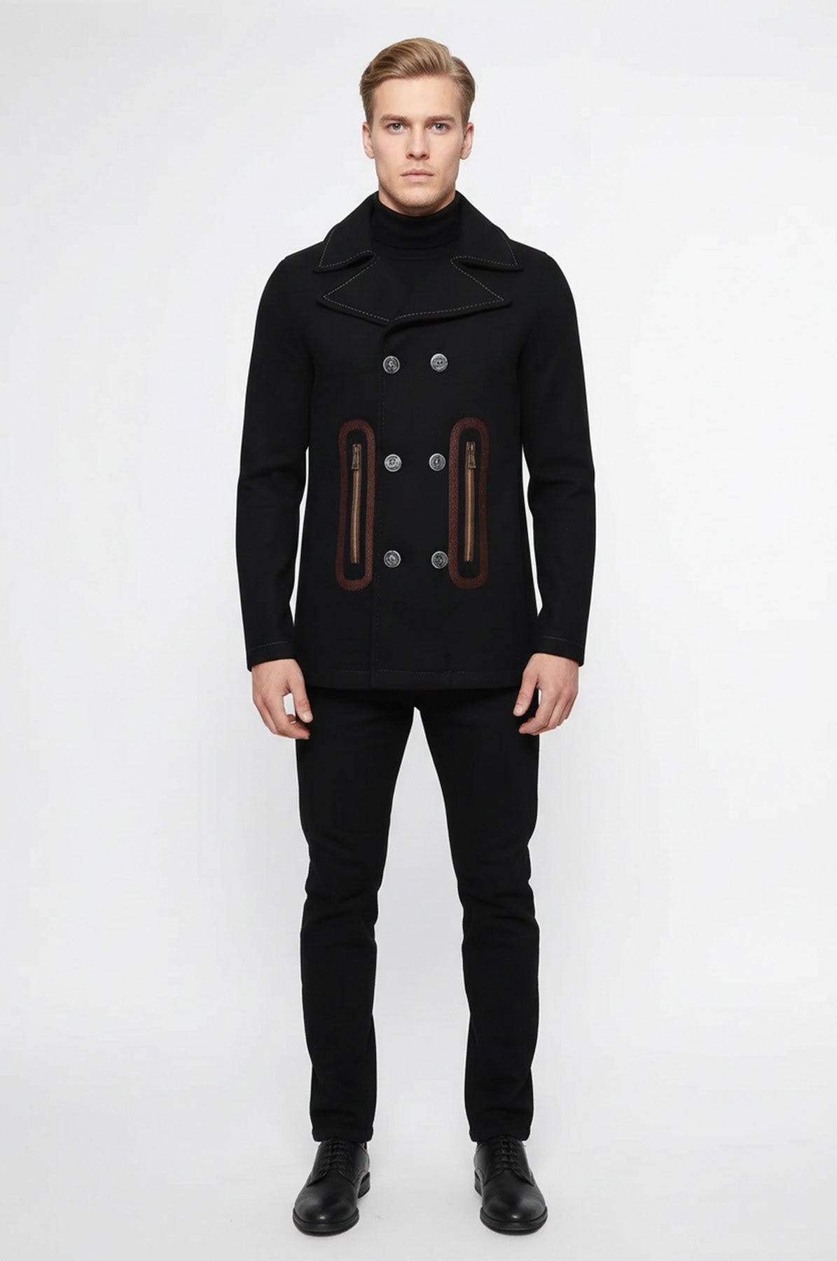 Pocket Edge Embroidered 6 Buttons Brown Coat-Wessi