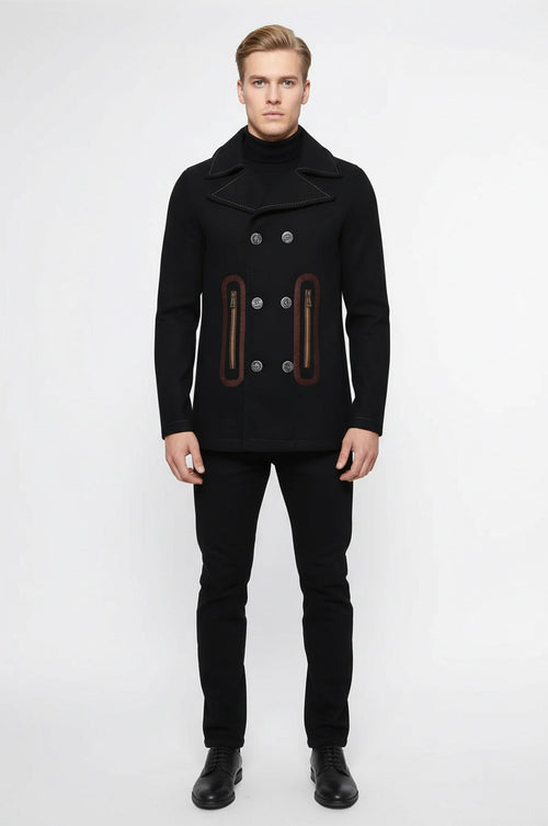 Pocket Edge Embroidered 6 Buttons Brown Coat-Wessi