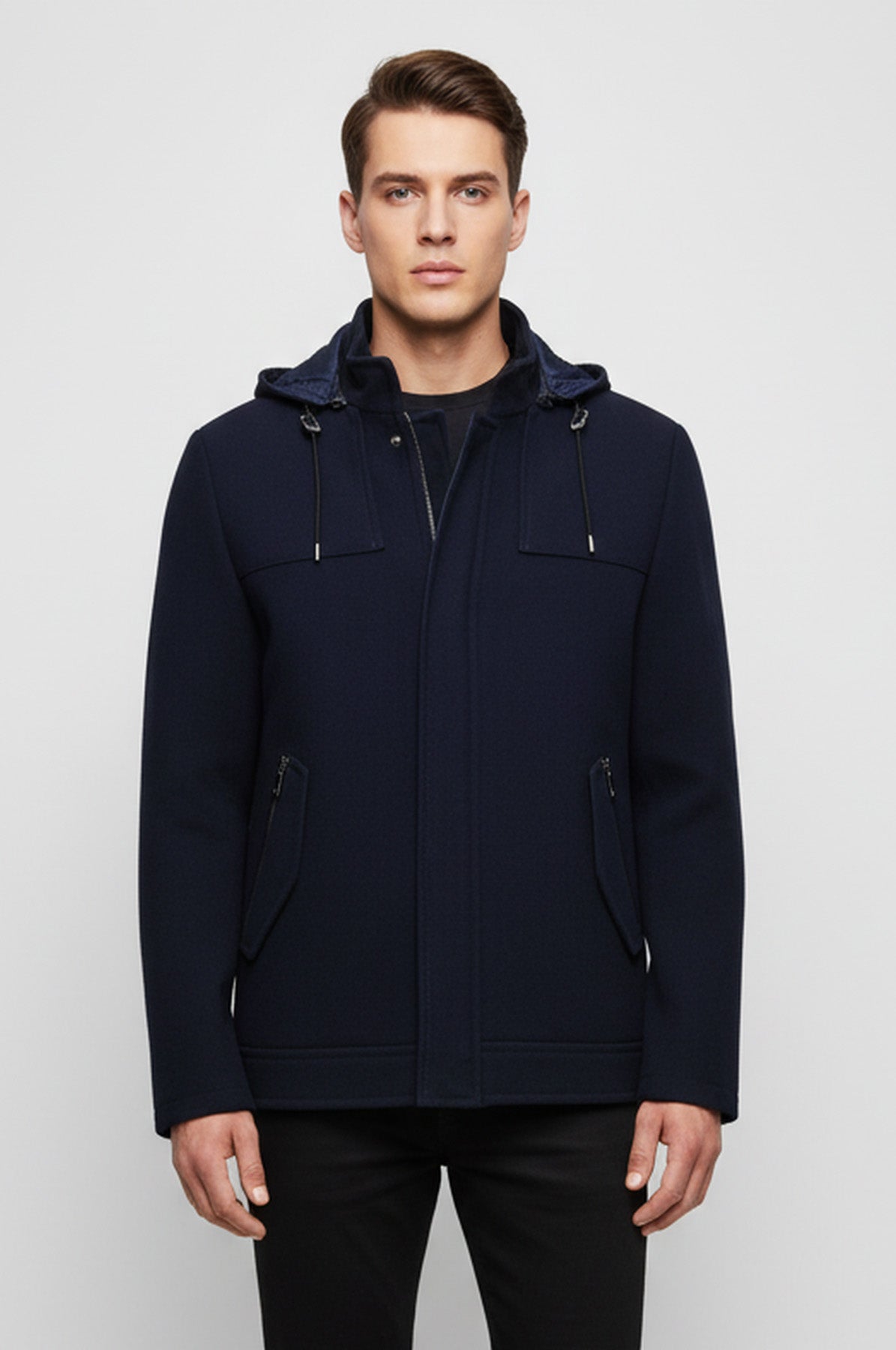 Zippered Sleeve Hooded Blue Men Coat - Wessi