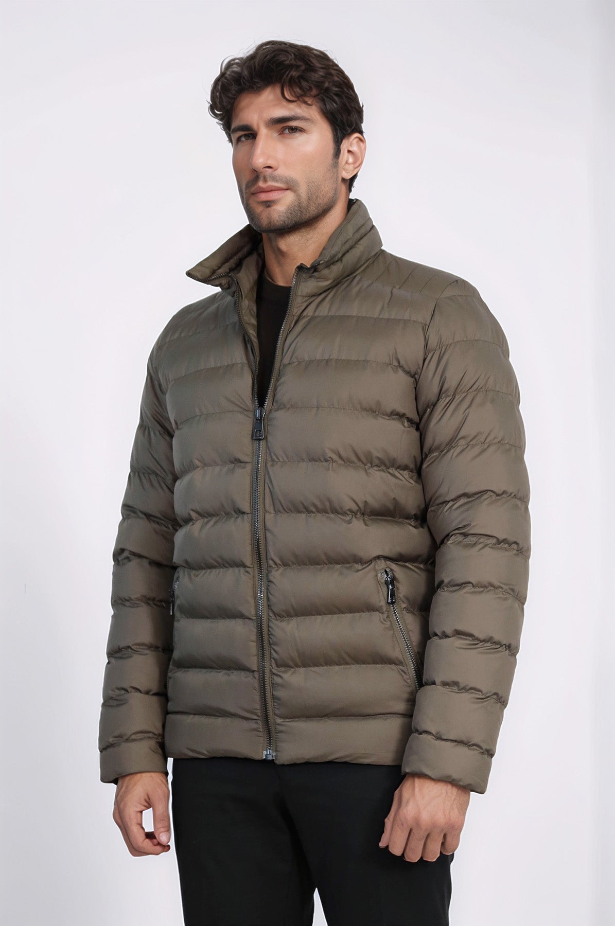 Quilted Standing Collar 2 Pockets Short Khaki Men Down Coat - Wessi