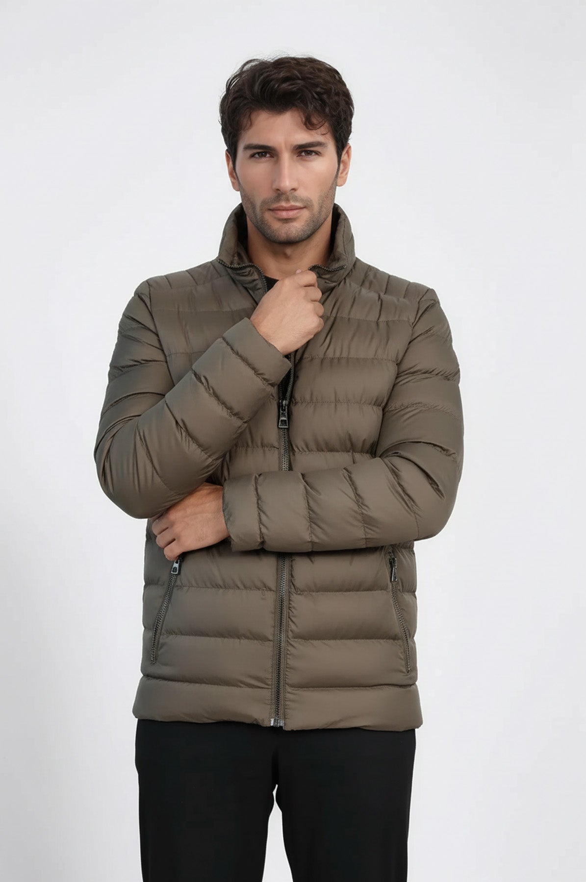 Quilted Standing Collar 2 Pockets Short Khaki Men Down Coat - Wessi