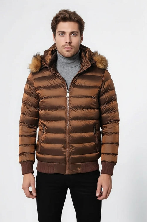 Fur Hooded Men's Puffer Coat in Tan | Wessi