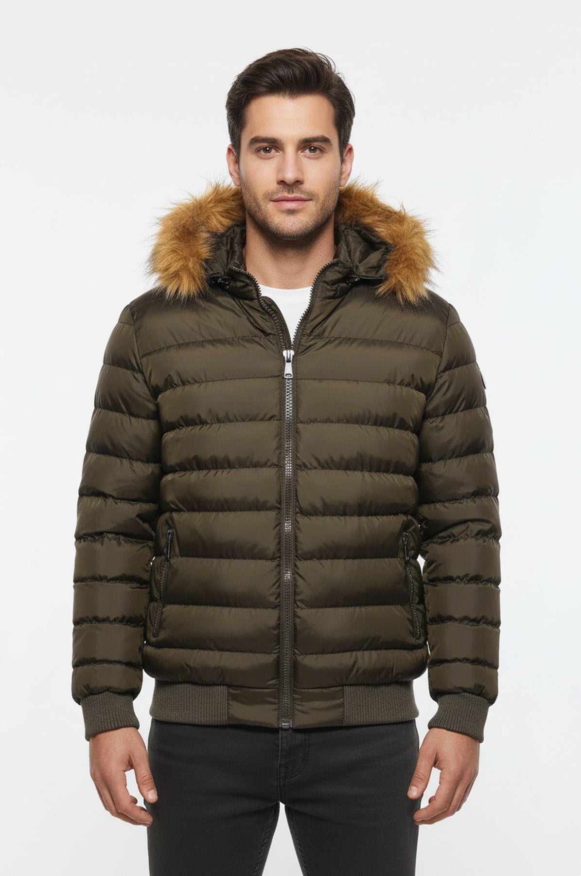 Khaki Fur Hooded Men's Puffer Coat - Wessi