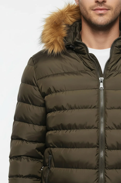 Khaki Fur Hooded Men's Puffer Coat - Wessi