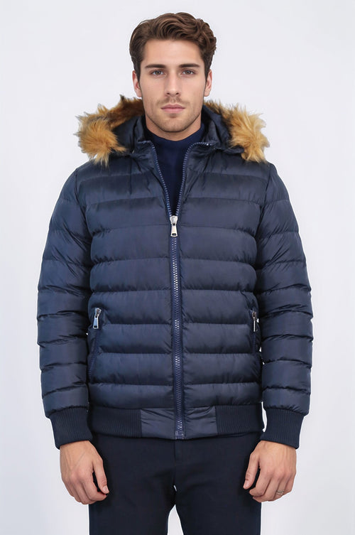Navy Blue Hooded Men's Down Coat | Wessi