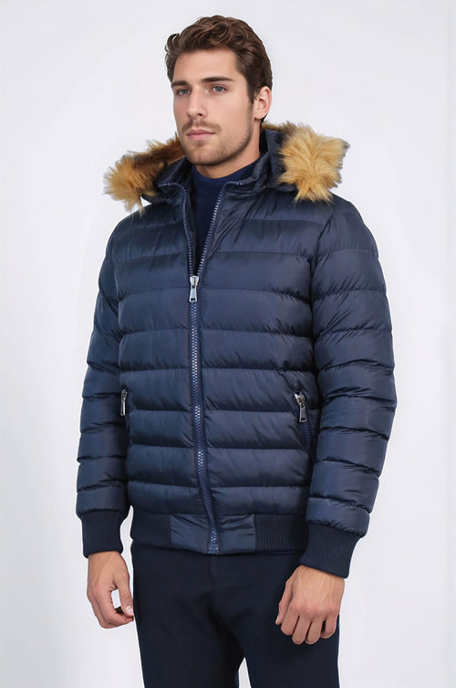 Navy Blue Hooded Men's Down Coat | Wessi