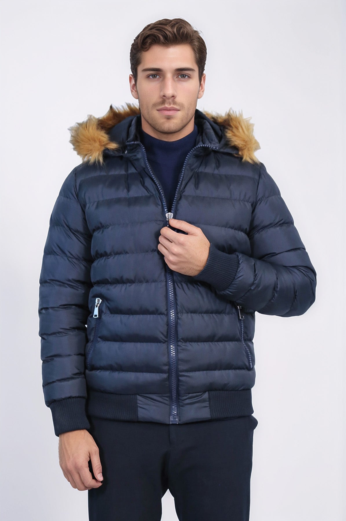 Navy Blue Hooded Men's Down Coat | Wessi