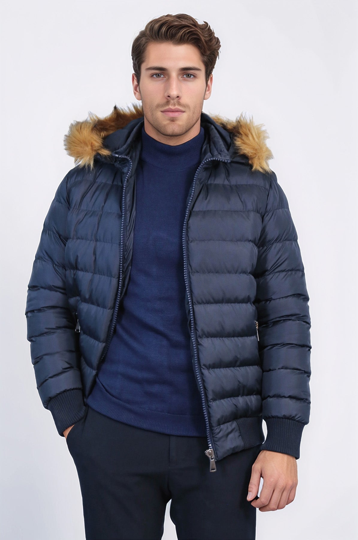 Navy Blue Hooded Men's Down Coat | Wessi