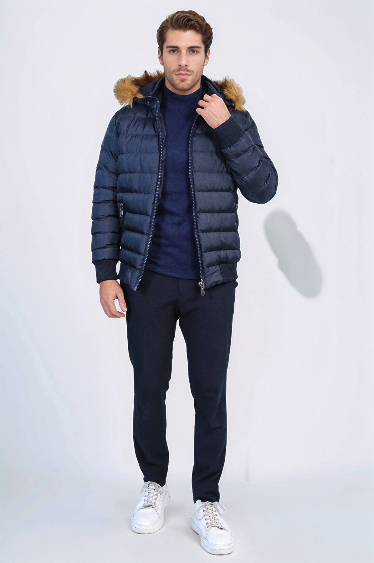 Navy Blue Hooded Men's Down Coat | Wessi