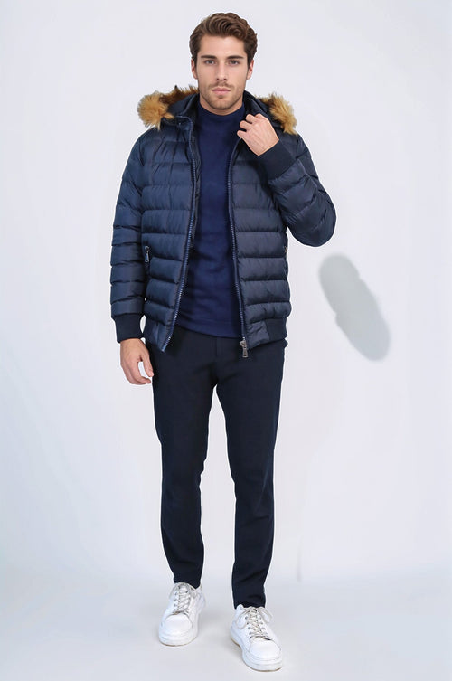 Navy Blue Hooded Men's Down Coat | Wessi