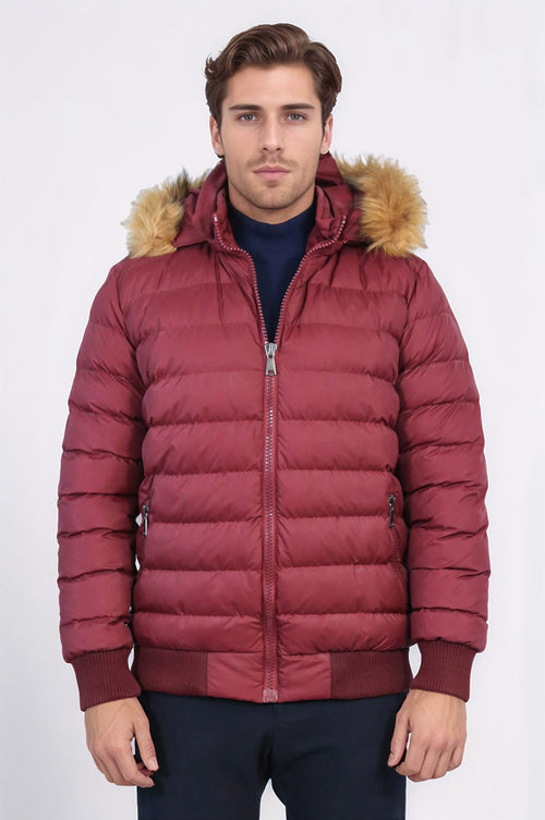 Fur Hooded Burgundy Men Down Coat - Wessi