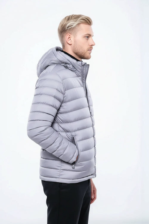 Hooded Quilted Grey Men Coat - Wessi